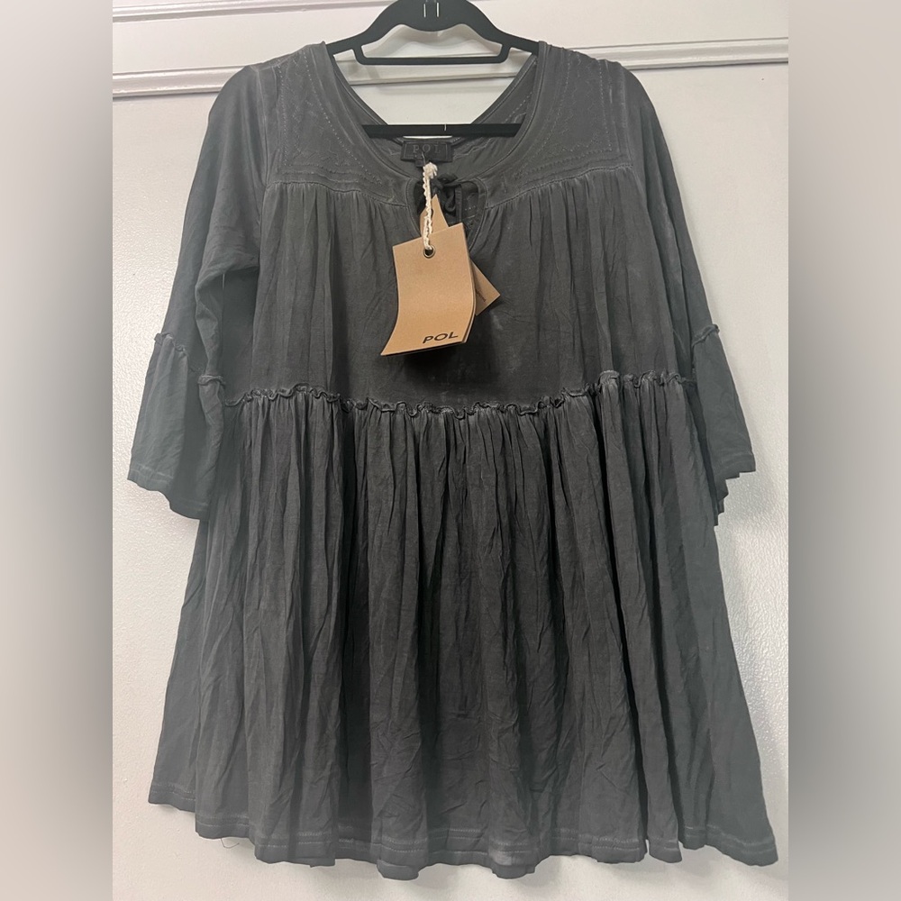 POL Gray Bell Sleeve Tunic with Tie Front